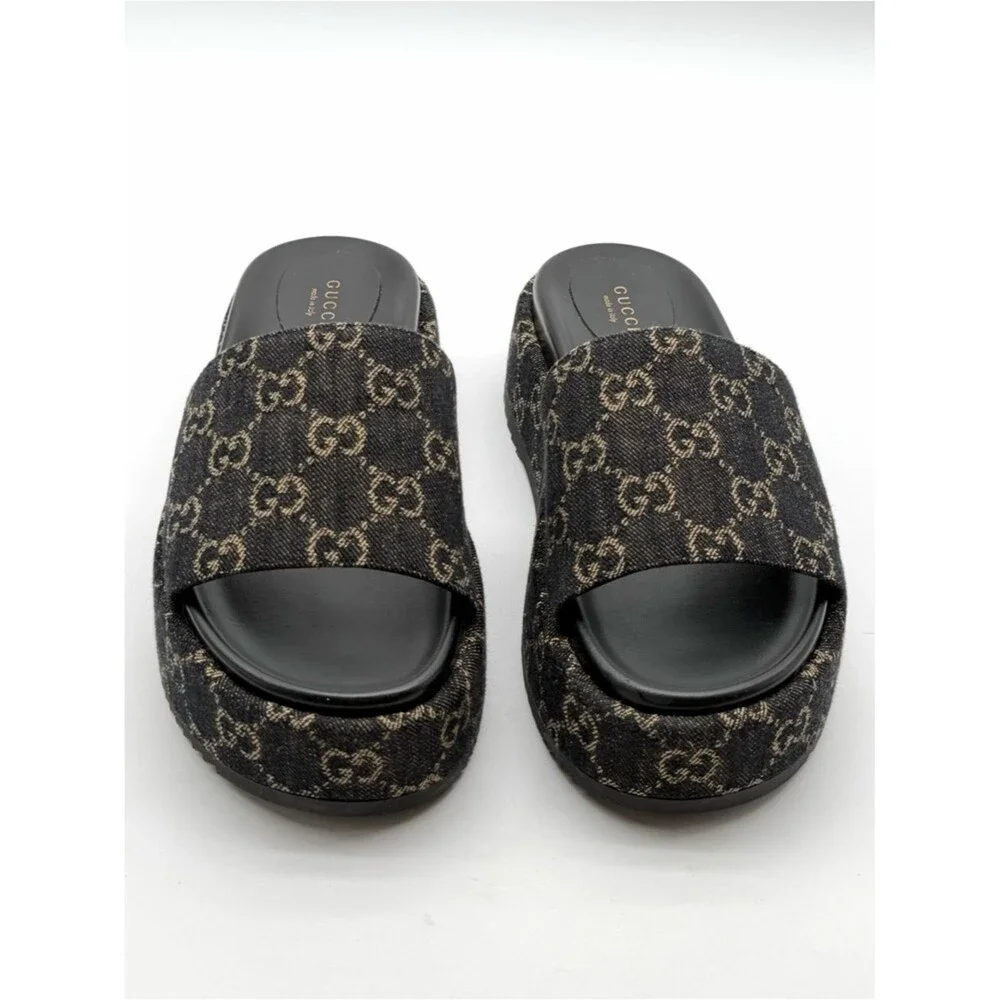 Gucci Angelina GG Monogram Platform in Black Denim Slide Sandals EU 39.5 US 9.5